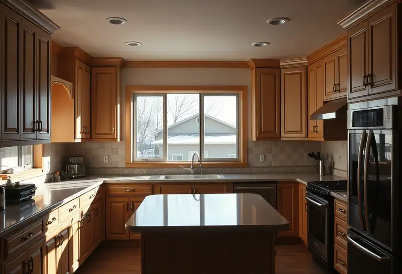 Illustration of modern kitchen with shaker cabinets and snowy exterior view
