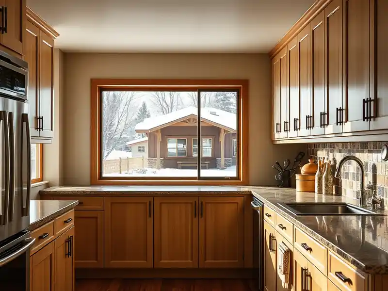 Illustration of a modern kitchen with wooden cabinets and snow-covered exterior view.