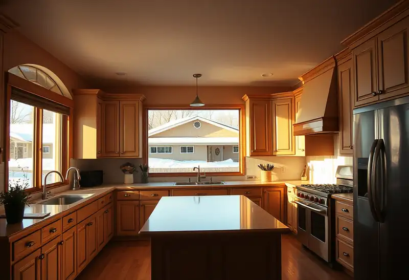 Illustration of kitchen with shaker cabinets and an island, as found in 1980-era homes