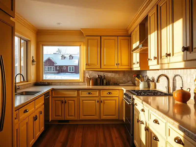 Illustration of a modern kitchen with shaker cabinets and warm lighting.