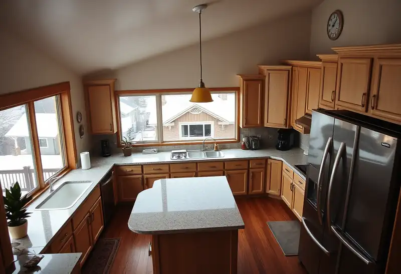 Illustration of modern kitchen with island and snowy exterior view
