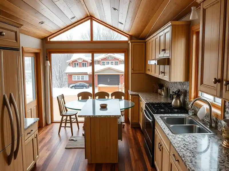 Illustration of modern kitchen with wooden cabinets and granite countertops.