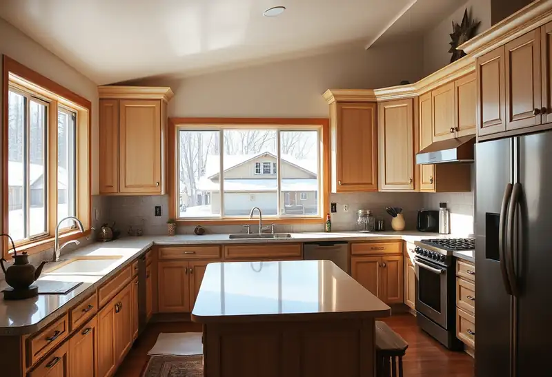 Illustration of modern kitchen with light wood cabinets and large windows.