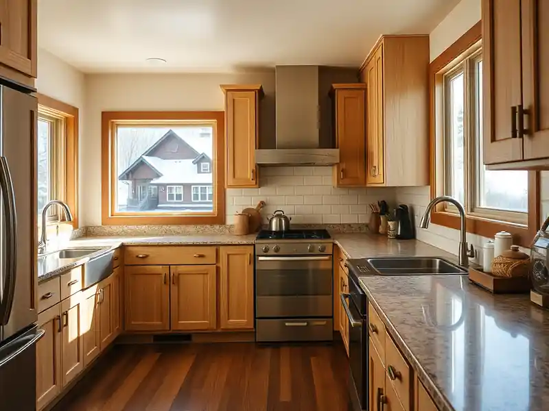Illustration of modern kitchen with wooden cabinets, granite countertops, and stainless steel appliances.