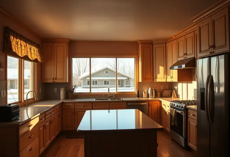Illustration of kitchen with shaker cabinets and an island, as found in 1980-era homes