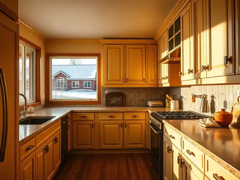 Illustration of close-up of materials and finishes of kitchen with shaker cabinets and an island, as found in 1980-era Columb