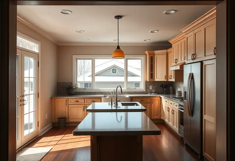 Illustration of kitchen with shaker cabinets and an island, as found in 1980-era homes