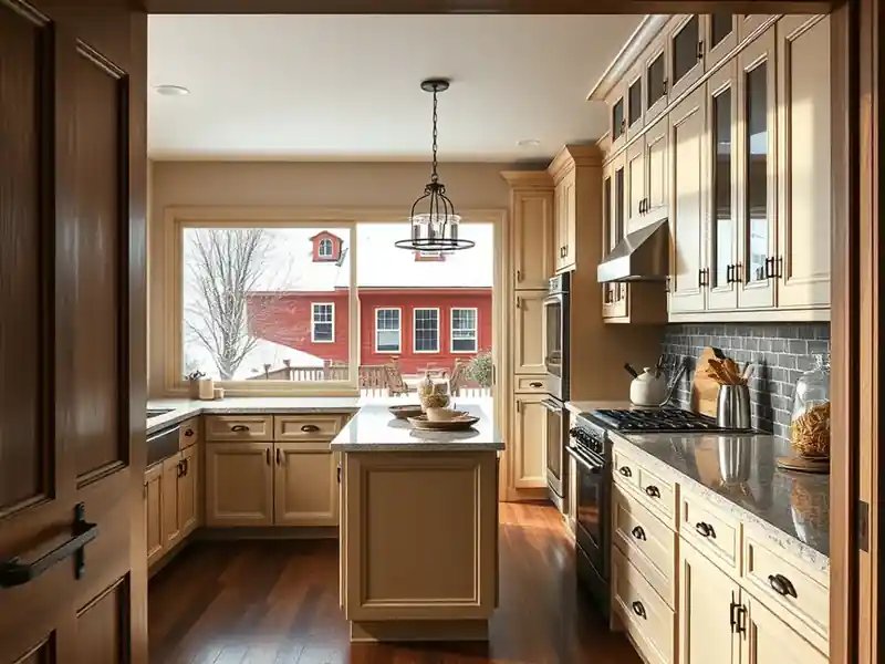 Illustration of close-up of materials and finishes of kitchen with shaker cabinets and an island, as found in 1980-era Columb
