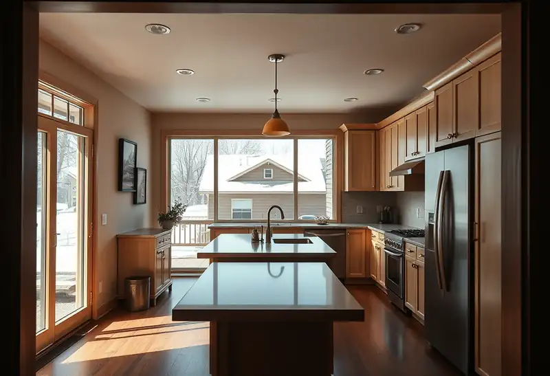 Illustration of modern kitchen with shaker cabinets and island, featuring stainless steel appliances.