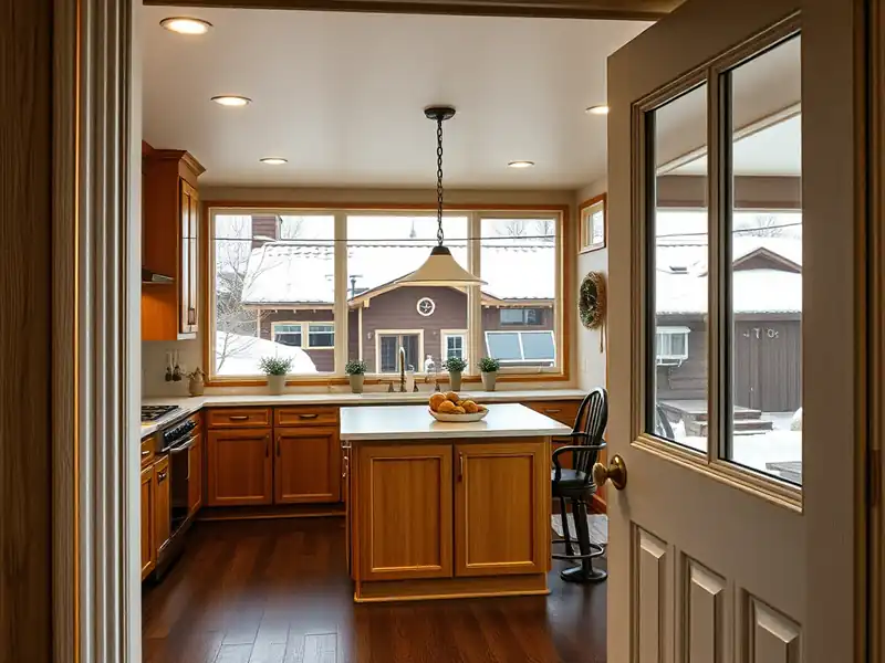 Illustration of modern kitchen with wooden cabinets and island, snowy exterior view.