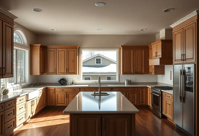 Illustration of modern kitchen with shaker cabinets and island, OH