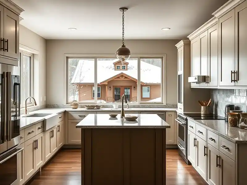 Illustration of close-up of materials and finishes of kitchen with shaker cabinets and an island, as found in 1980-era Columb