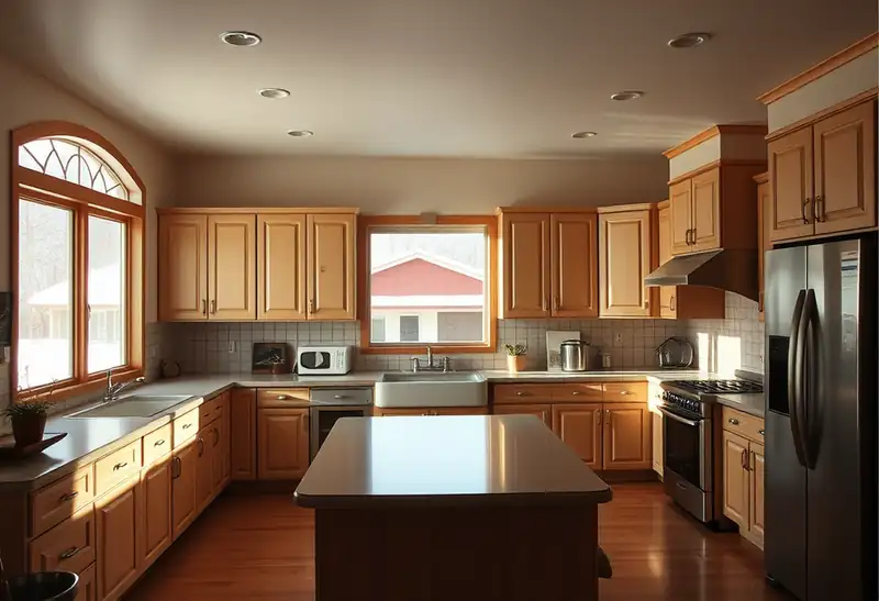 Illustration of modern kitchen with light wood cabinets and stainless steel appliances.