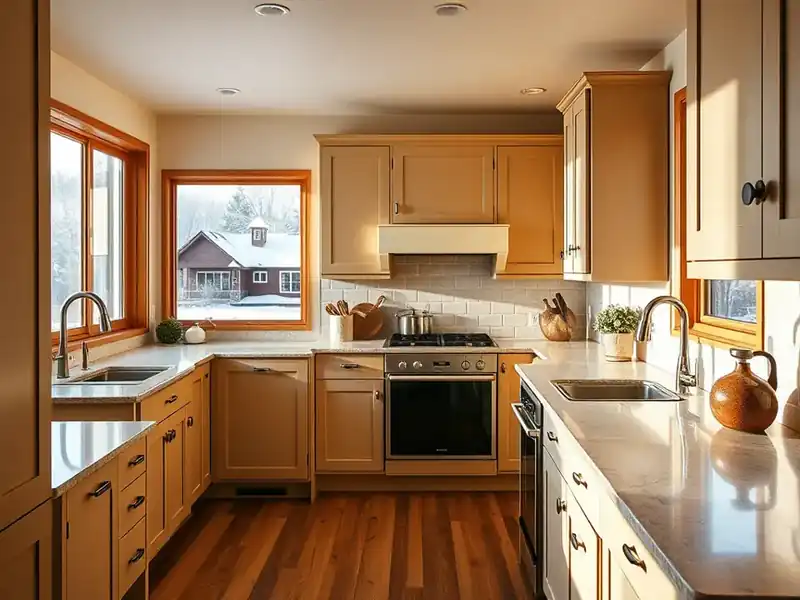 Illustration of close-up of materials and finishes of kitchen with shaker cabinets and an island, as found in 1980-era Columb