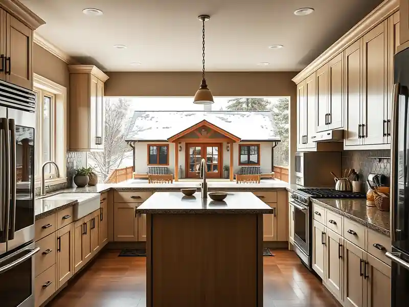 Illustration of modern kitchen with light wood cabinets and a view to the snowy exterior.