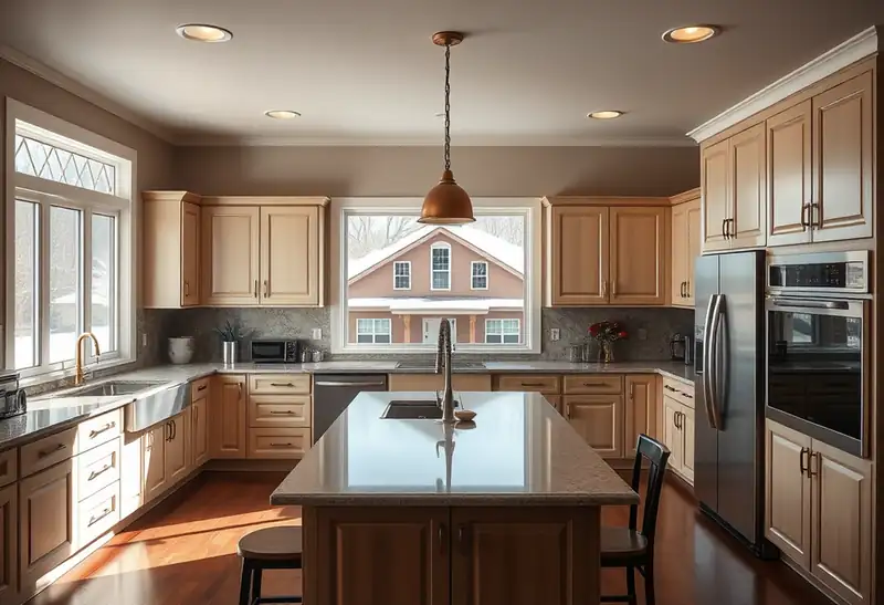 Illustration of modern kitchen with island and stainless steel appliances