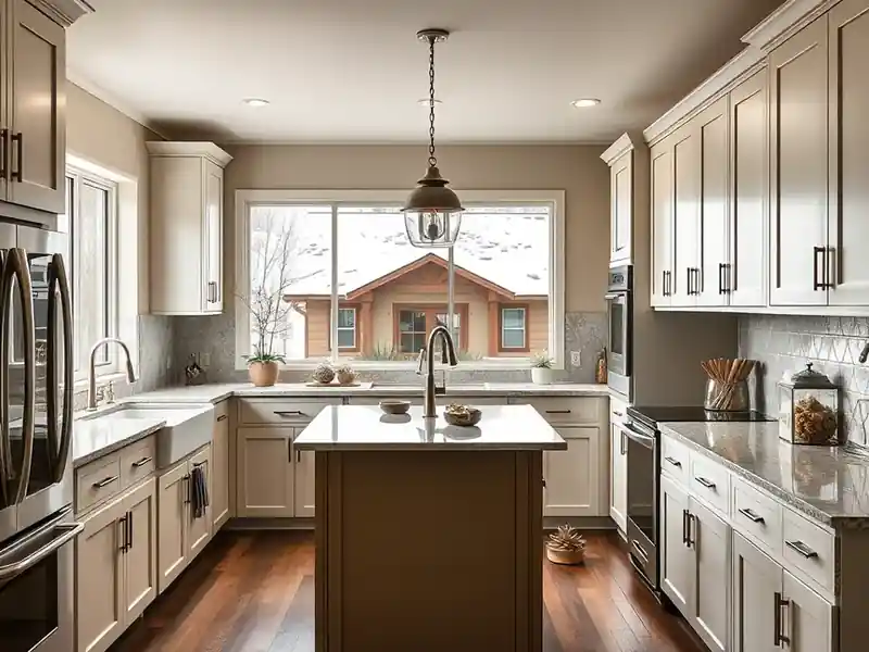 Illustration of close-up of materials and finishes of kitchen with shaker cabinets and an island, as found in 1980-era Columb