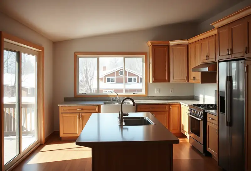 Illustration of modern kitchen with wooden cabinets and stainless steel appliances.