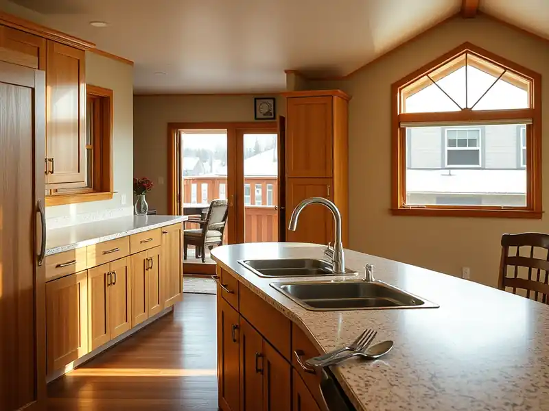 Illustration of a modern kitchen with wooden cabinets and a double sink island, featuring large windows.