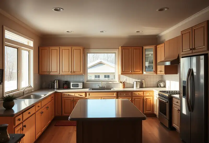 Illustration of modern kitchen with wooden cabinets and stainless steel appliances.
