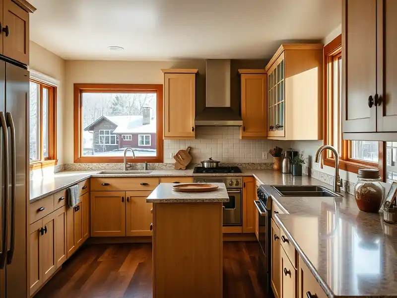 Illustration of a modern kitchen with light wood cabinets and granite countertops.